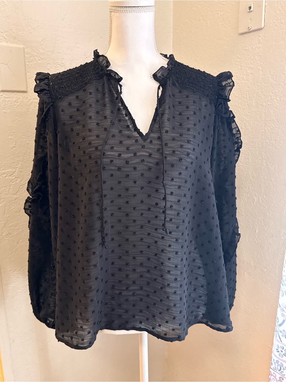 Express Black Swiss Dot Tie-Neck Ruffle Blouse